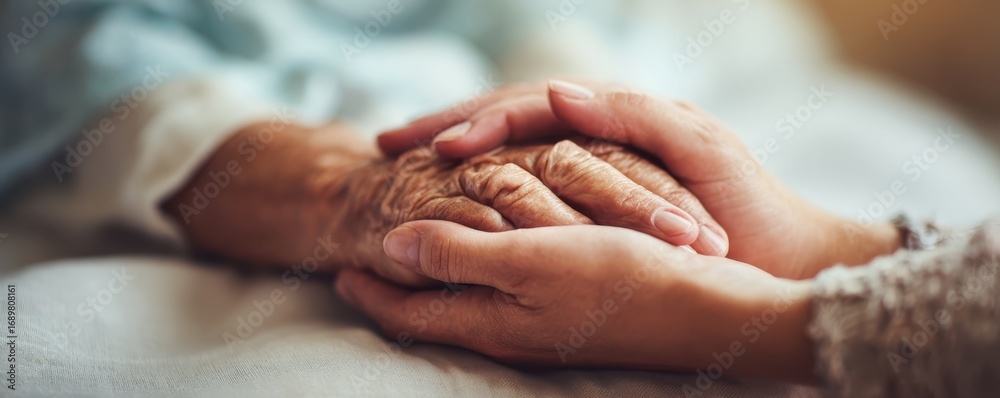 Fototapeta premium Nurse holding patient hand with compassion, close up, soft light, supportive care theme, human connection, healthcare lifestyle, neutral tones, shallow depth of field, ample copy space for text.