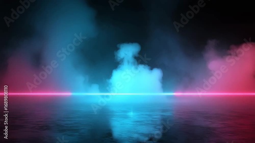 Abstract background with neon light blue and pink foggy lines on a black water surface