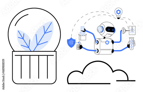 AI robot multitasker developing eco-friendly solutions alongside a plant sprouting from a bulb. Ideal for innovation, technology, sustainability, energy, environment, robotics, creativity. Simple