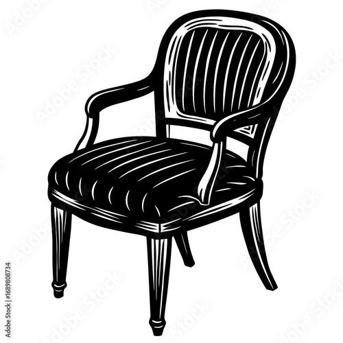 Elegant armchair with classic design perfect for home decor projects or furniture catalogs, evoking comfort and style with its detailed linework and timeless appeal