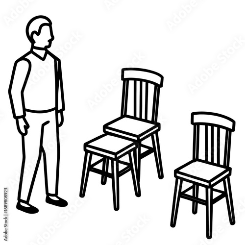 Classic Wooden Chairs Design for Interior Decor Inspiration, Featuring a Man Standing By, Perfect for Home Furnishing and Artistic Projects