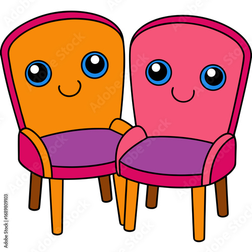 Delightful cartoon chairs, a happy orange seat and a cheerful pink seat ready to brighten any space, perfect for children's designs and playful interiors, whimsical furniture for kids