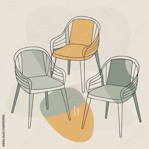 Modern minimalist chairs create a stylish seating arrangement, perfect for interior design projects, furniture catalogs, and contemporary home decor featuring simple and elegant furniture