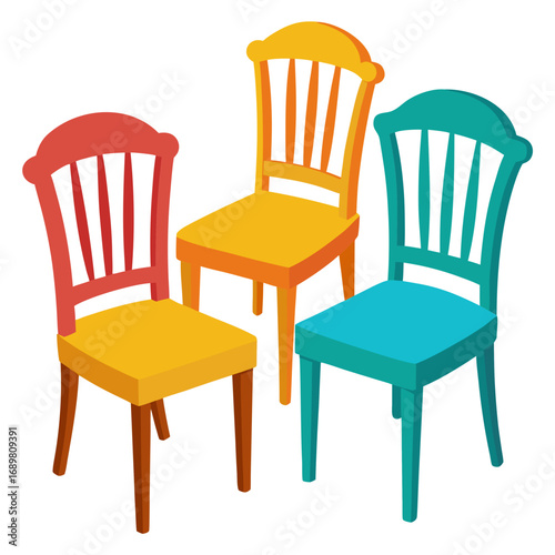 Vibrant trio of colorful chairs, evoking playful modern interior design and inviting spaces for relaxation and conversation