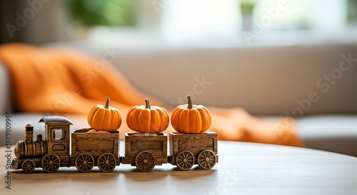 Whimsical Autumn Harvest A Wooden Toy Train Carries Miniature Orange Pumpkins.