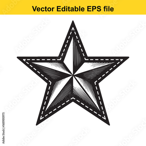 Nautical star emblem with shading and stitching, isolated on white background