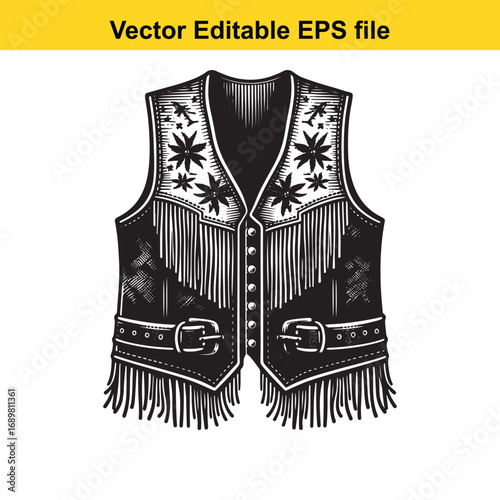 Western cowboy vest with fringe and buckles, isolated on white background