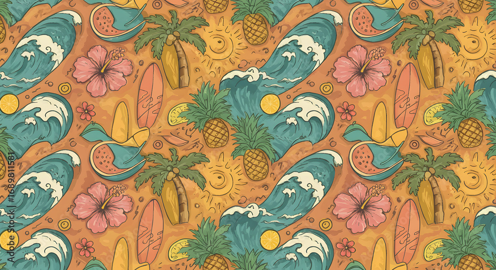 Trendy seamless doodle illustration of surfing lifestyle, tropical beach paradise background Trendy seamless doodle illustration of surfing lifestyle, tropical beach paradise background