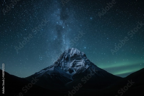 Majestic Mount Kailash stands isolated beneath a dazzling night sky, illuminated by the Milky Way and subtle auroras, creating a serene and mystical landscape illustration.