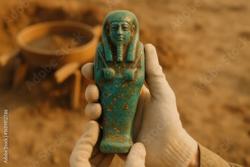 An archaeologist's gloved hands carefully hold a valuable ancient Egyptian Ushabti figurine, unearthed at a dusty dig site, revealing a piece of history.