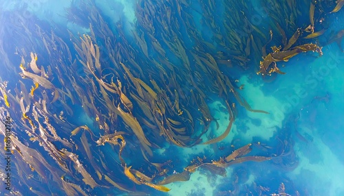 Aerial View of Olive Jade Kelp Forest in Turquoise Water