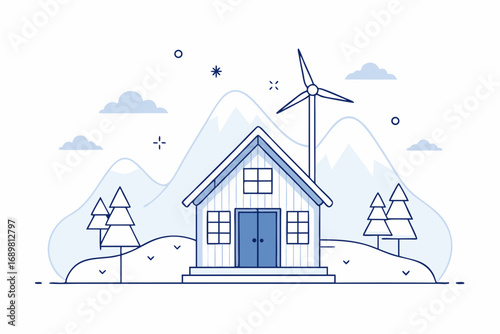 Snow covered eco cabin with tiny wind turbine