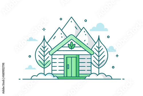 Snow covered cabin with small eco leaf design