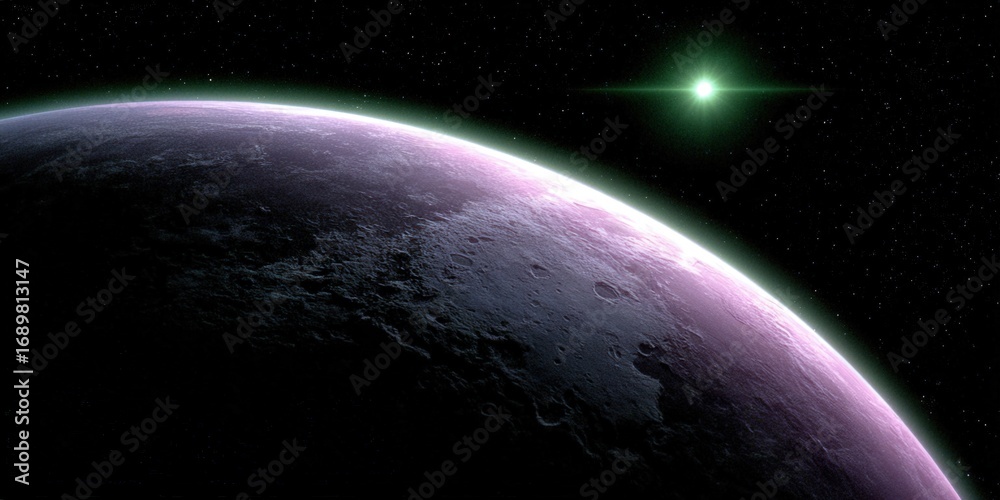 Fototapeta premium A captivating scene of a purple planet illuminated by a vibrant green star in space.