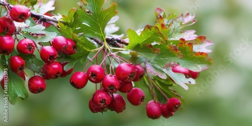 Vibrant red hawthorn berries, lush green leaves create a beautiful natural composition.