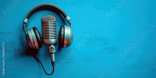 A vintage microphone with headphones on a vibrant blue backdrop.
