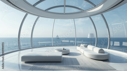 Futuristic Interior Design with Ocean View and Yacht on Clear Day