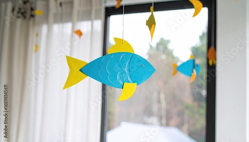 Blue and Yellow Paper Fish Mobile Hanging in Window