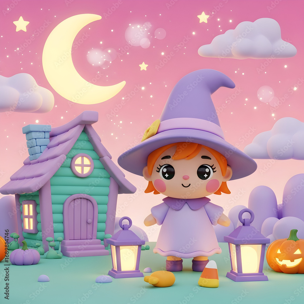 Naklejka premium Cute pastel witch girl with purple hat and dress holding lantern next to pumpkin, pastel house, crescent moon, stars, clouds and glowing night sky, ideal for nursery wall art