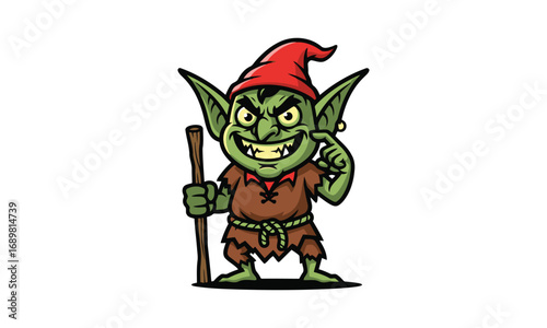 Angry green goblin with spear and shield ready for battle