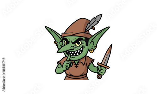 Mischievous green goblin with pointed ears holding a dagger