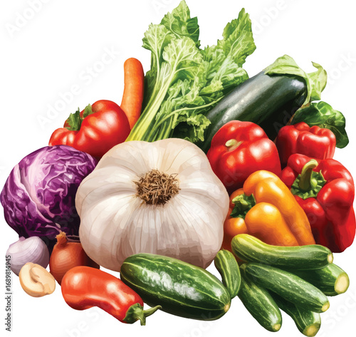 Assortment of Fresh Vegetables and Garlic on White Background Keywords: vegetables, fresh, food