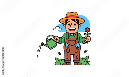 Happy gardener watering flower in sunny garden with blue sky