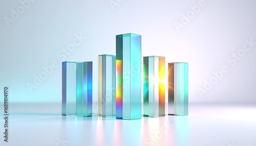 Abstract Glass Monoliths with Refractive Light and Rainbow Colors