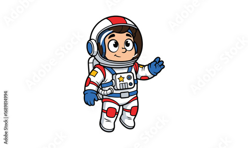 Cartoon astronaut character pointing upwards with one finger