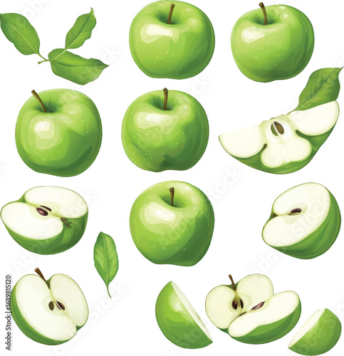 Collection Of Green Apples And Leaves fruit food