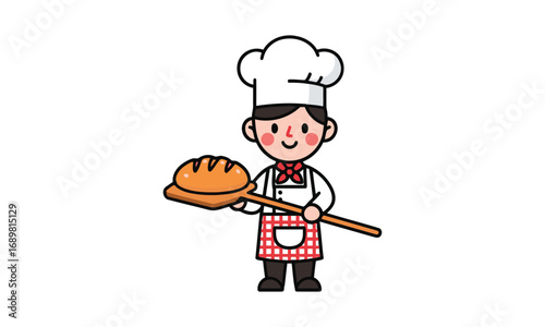 Cute cartoon baker holding freshly baked bread and peel