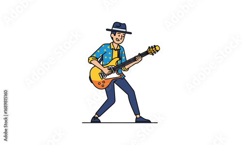 Energetic musician playing electric guitar with vibrant sketch style