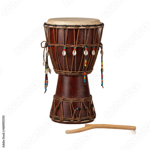 Authentic djembe drum with vibrant beadwork and shells, ready for powerful rhythms and cultural expression.