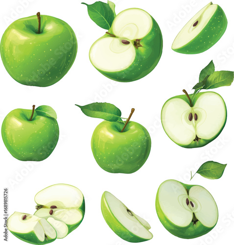 Collection of Green Apples Whole and Sliced fruit food