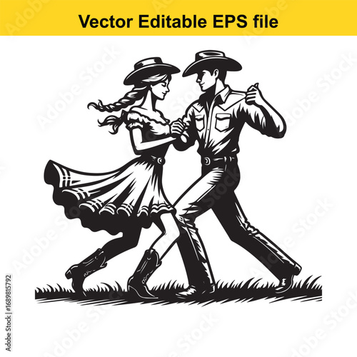 Cowboy and cowgirl couple dancing country western style isolated on white background