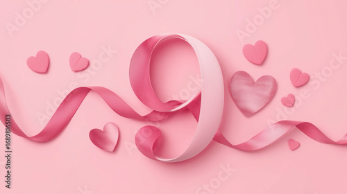 Pastel Artistic Number Nine Ribbon with Heart Shape Decoration Element