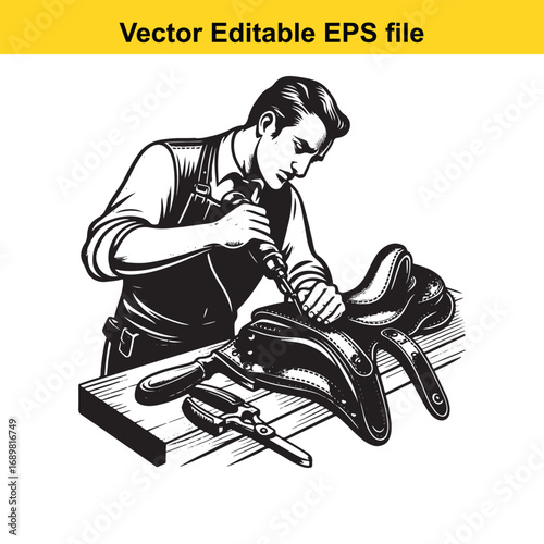 Saddler working on a leather saddle, isolated on white background