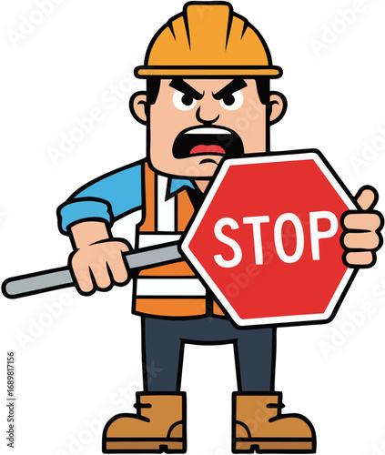 Construction Worker Holding Stop Sign Illustration