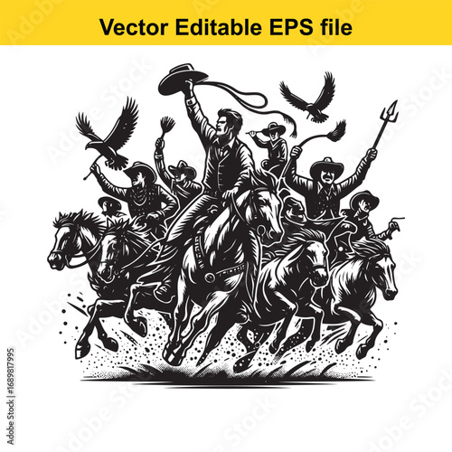 Cowboy group on horseback with lasso and eagle, vector illustration