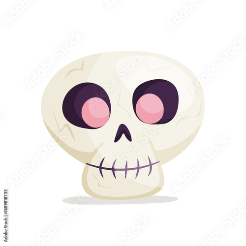 Vector Halloween skull character with big pink eyes, friendly spooky style. Great for Halloween cards, stickers, posters, invitations, party decor, apps, games, learning