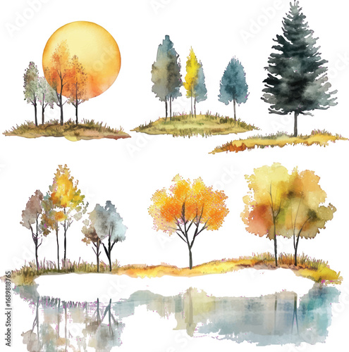 Autumn Trees And Sun Watercolor Collection black with