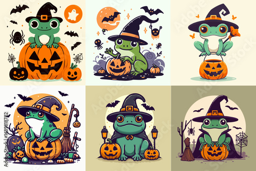halloween frog set vector illustration