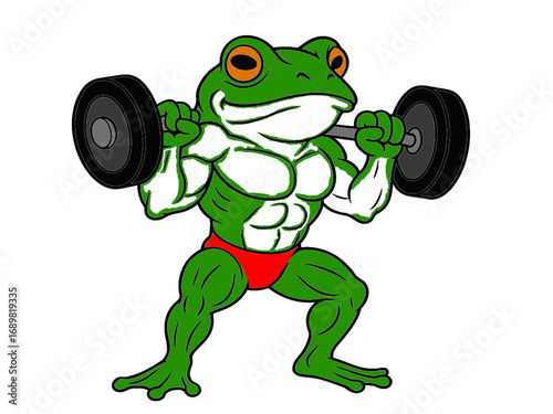 Muscular Frog Bodybuilder Lifting a Barbell Cartoon Mascot Illustration