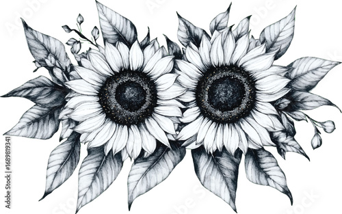 Black and White Artistic Sketch of Two Sunflowers with Leaves Keywords: sunflowers, flowers
