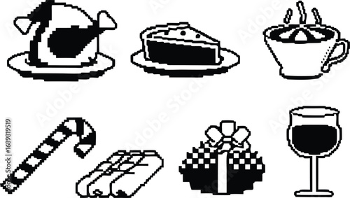 Icons of turkey, pie, cookies, candy, hot chocolate cup, and wine glass.