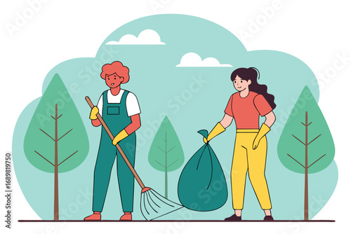 Smiling woman holds a trash bag while companion uses rake near trees for cleaning