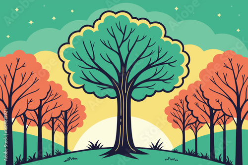 Lush green tree stands amidst colorful autumnal trees during twilight under a cloudy sky