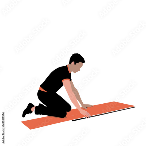 Man laying flooring on hands and knees, focused mood
