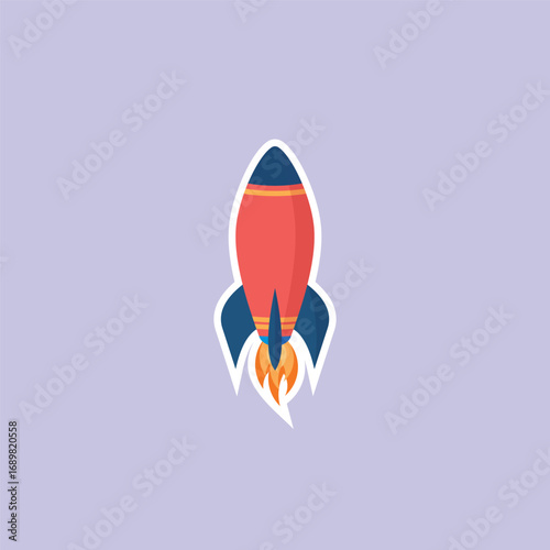 A flat design illustration of a cartoon rocket ship launching into the sky with flames.