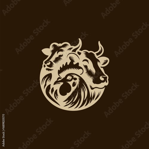 Illustration of a rooster and two cows in a circular emblem, brown background.